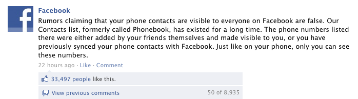 Facebook scotching rumours of making phone contacts available to everyone